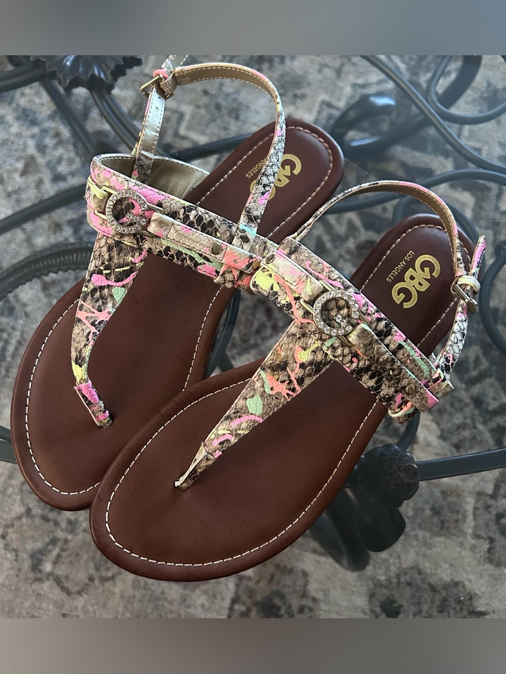 GBG Los Angeles Multicolor Faux Snakeskin Patterned T-Strap Sandals